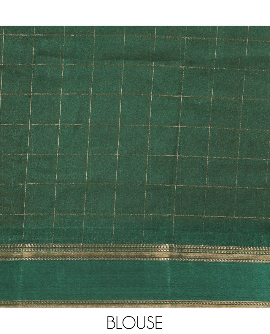 Yellow Moss Chiffon Saree, Subtly Sparkled with Checked Design on Its Body, Complemented by a Contrast Rettai Pettu Traditional Zari Border, Striped Pallu, and Paired with a Contrast Blouse