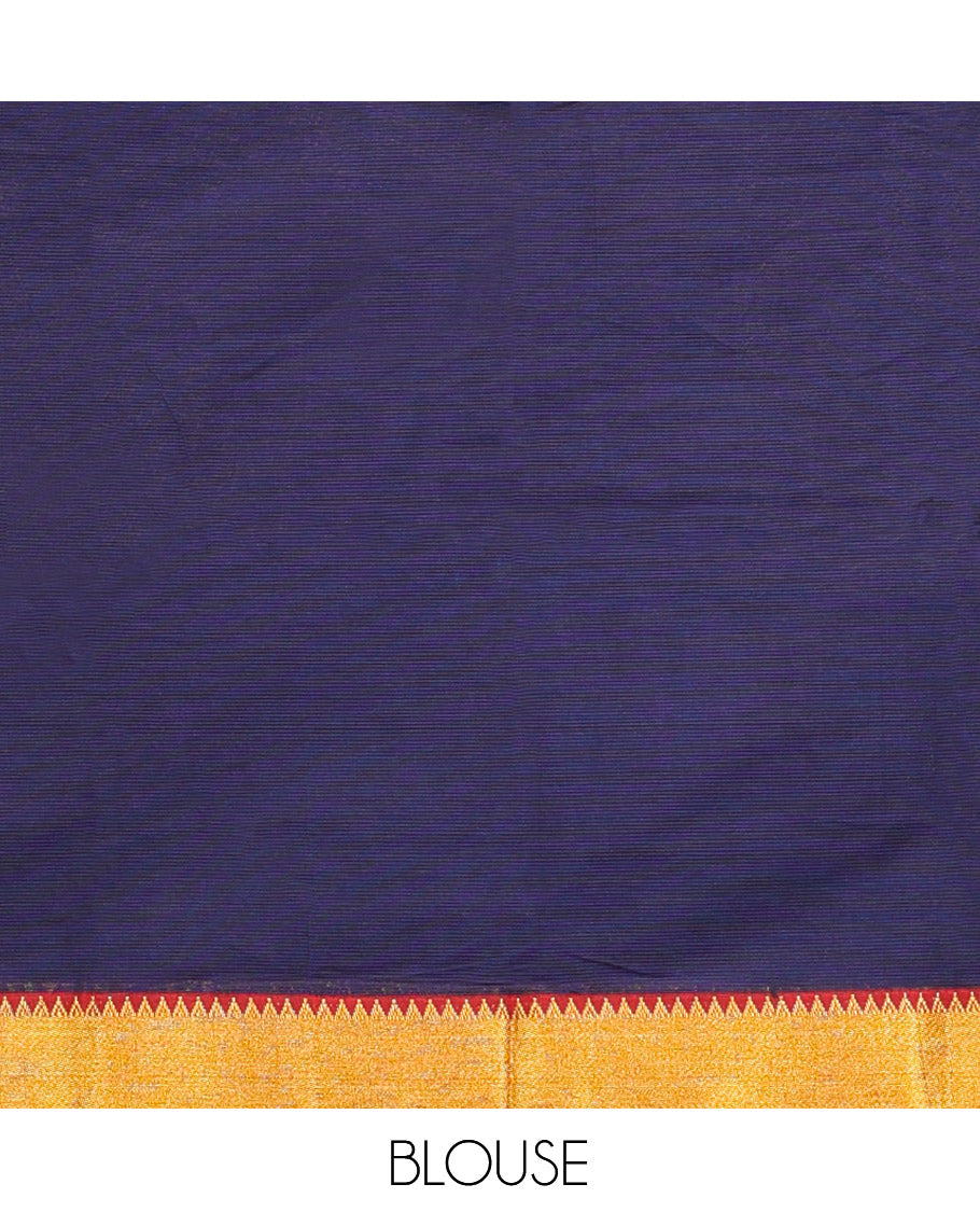Dark Violet Cotton Half-Saree Features Plain Skirt, a Contrast Temple Zari Temple Border, a Matching Blouse, and a Contrast Dhavani