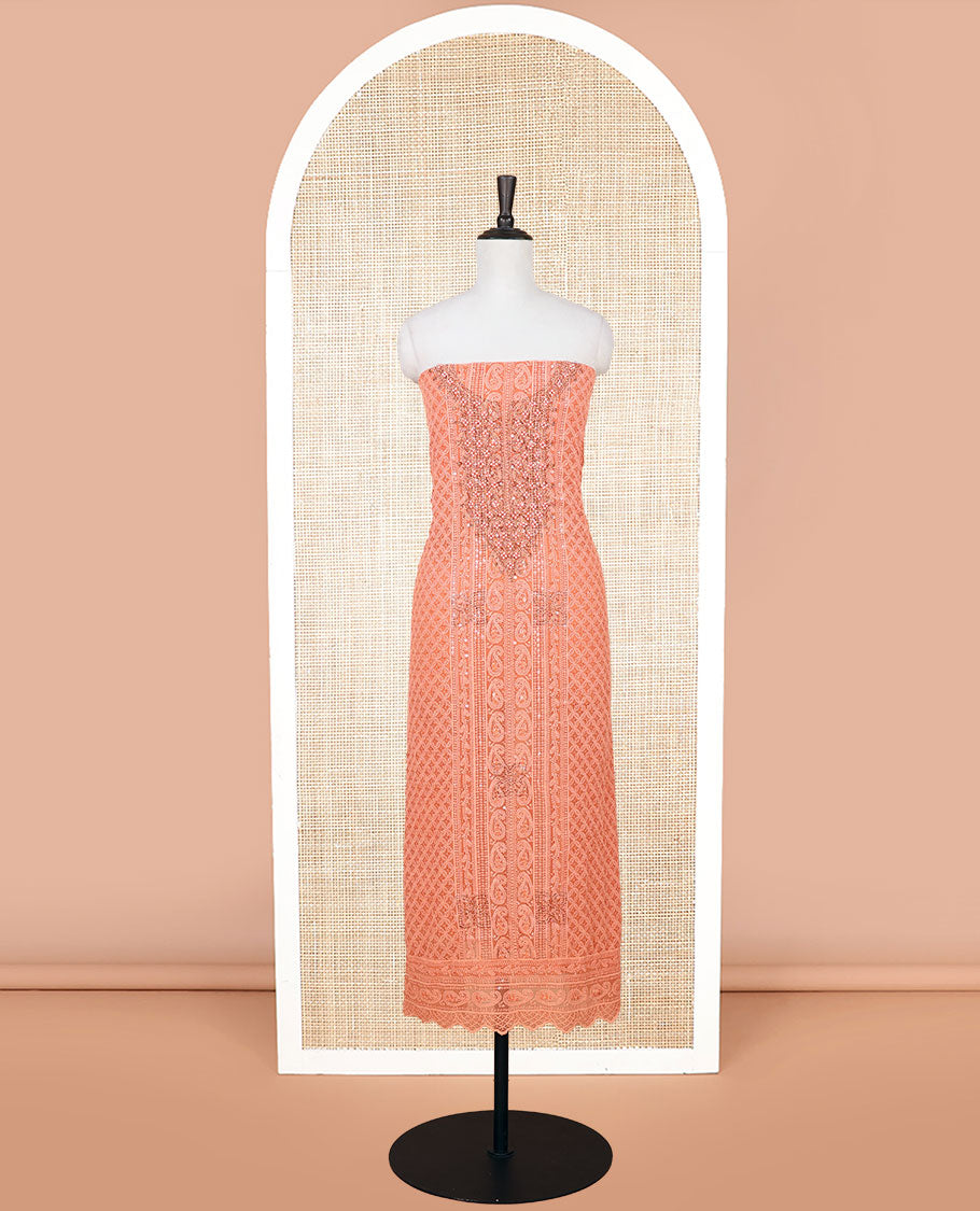 Dark peach shifli sequins work, swarovski stone, moti work georgette chudidhar material top with american crepe pant & chinnon material digital print , mirror work dupatta