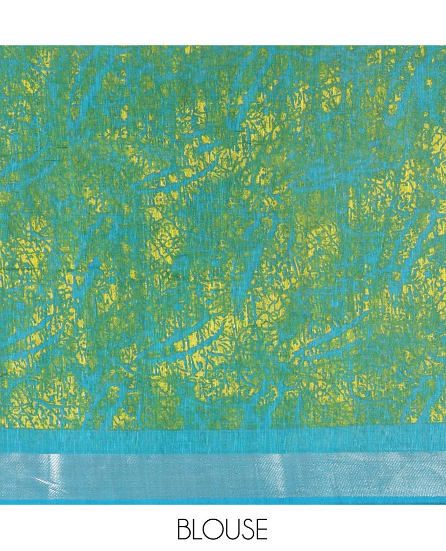 Lemen Yellow Linen Cotton Saree, Adorned with Shibori Printed All Over Its Body, Complemented by a Contrast Batik Printed Zari Border, Floral Printed Pallu, and Paired with a Contrast Blouse