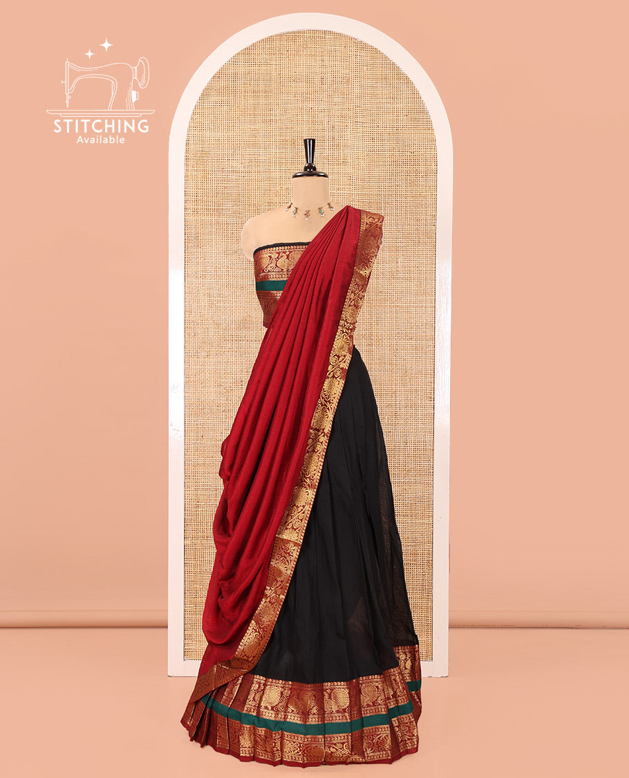 Black-Red Mercerised Cotton Half-Saree Features Plain with Contrast Peacock and Floral Creeper Zari Bordered Skirt, Paired with a Matching Blouse, and Comes with a Contrast Floral Creeper Zari Bordered Dhavani