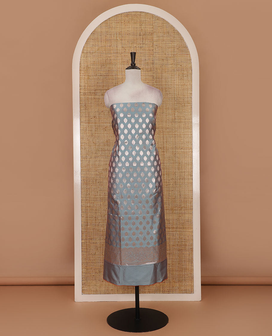 Grey banarasi material chudidar set, zari buttas woven top, plain bottom, and diagonal floral striped taffeta silk dupatta