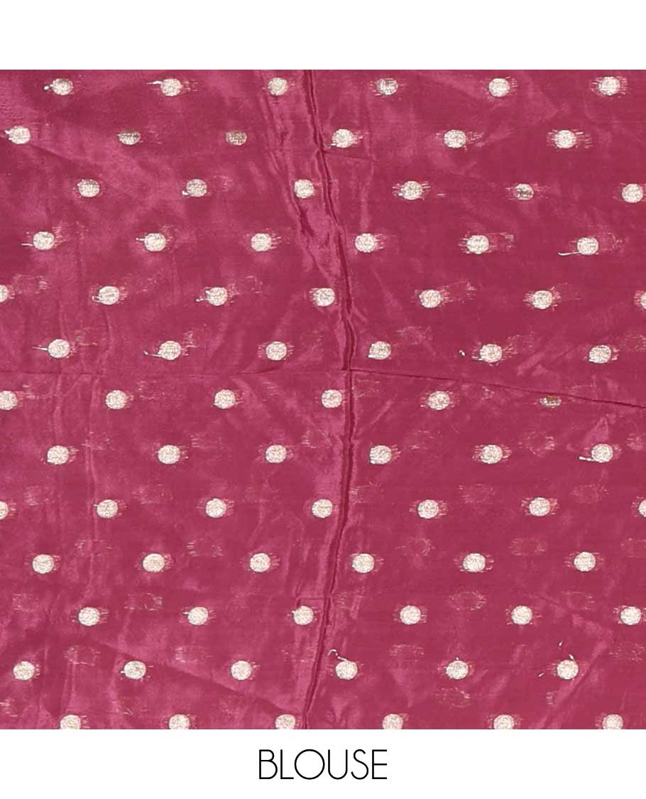 Onion pink plain crepe saree, zari border steeped with rose floral designs, plain pallu & blouse of zari polka dots