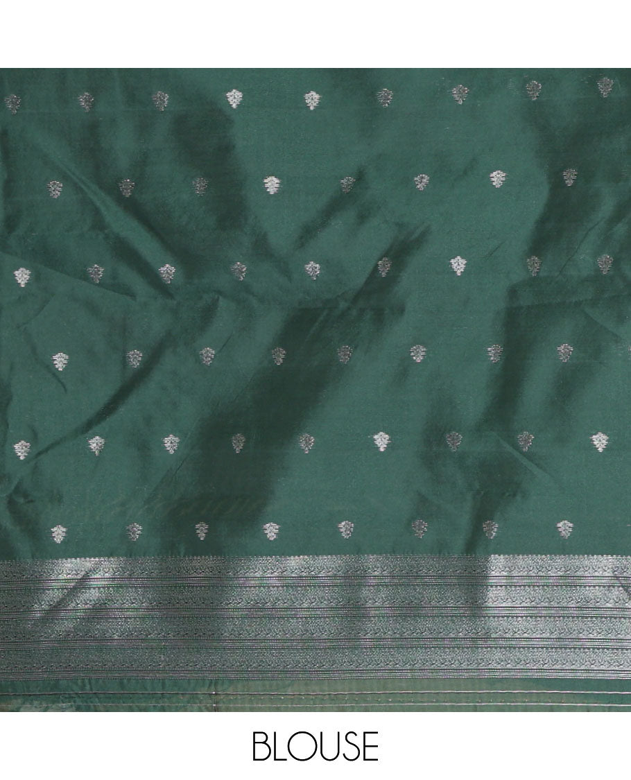 Green kanchi silk saree with flower zari buttas across its body, zari border of floral vine & ogee patterned pallu