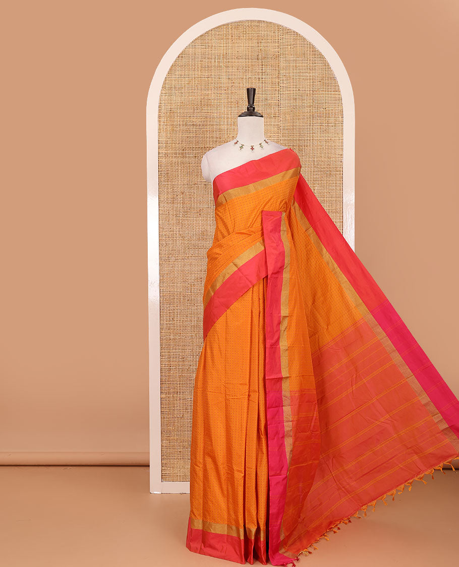 Yellow plus thread buttas semi-soft saree, contrast zari satin border, striped pallu & contrast plain blouse