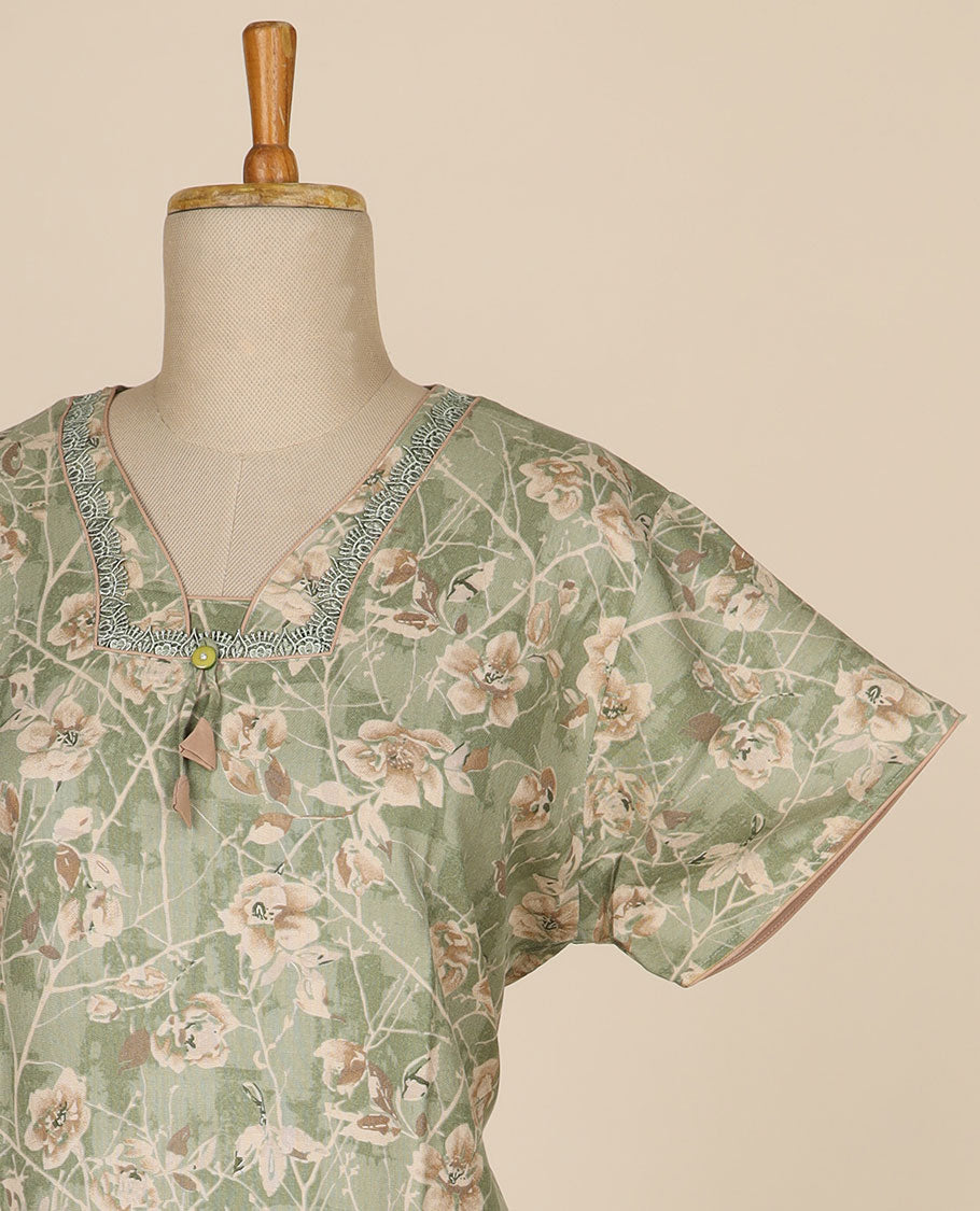 Green floral printed & v neck with lace, cotton half-sleeve nighty