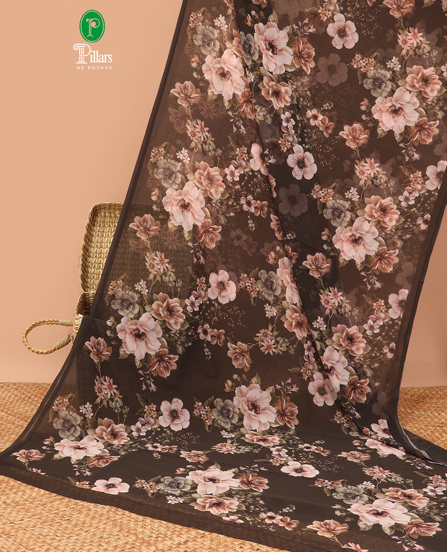 Borderless brown digital floral print georgette saree with self pallu