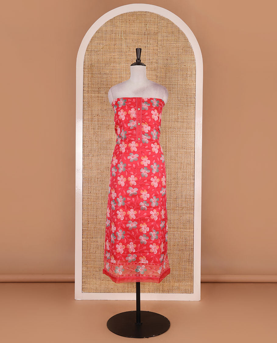 Tomato red churidar material set, floral print with thread outlined organza top, plain santoon bottom, and floral vine sequins embroidered organza dupatta