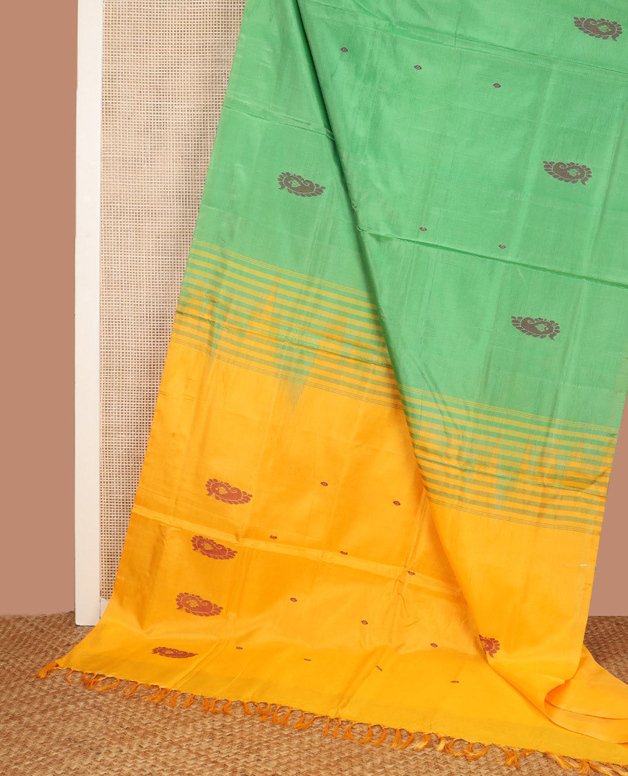 Borderless Green Banana Pith Saree, Detailed with Paisley Buttas All Over Its Body, Complemented by a Contrast Pallu of Unique Buttas, and Paired with a Contrast Blouse