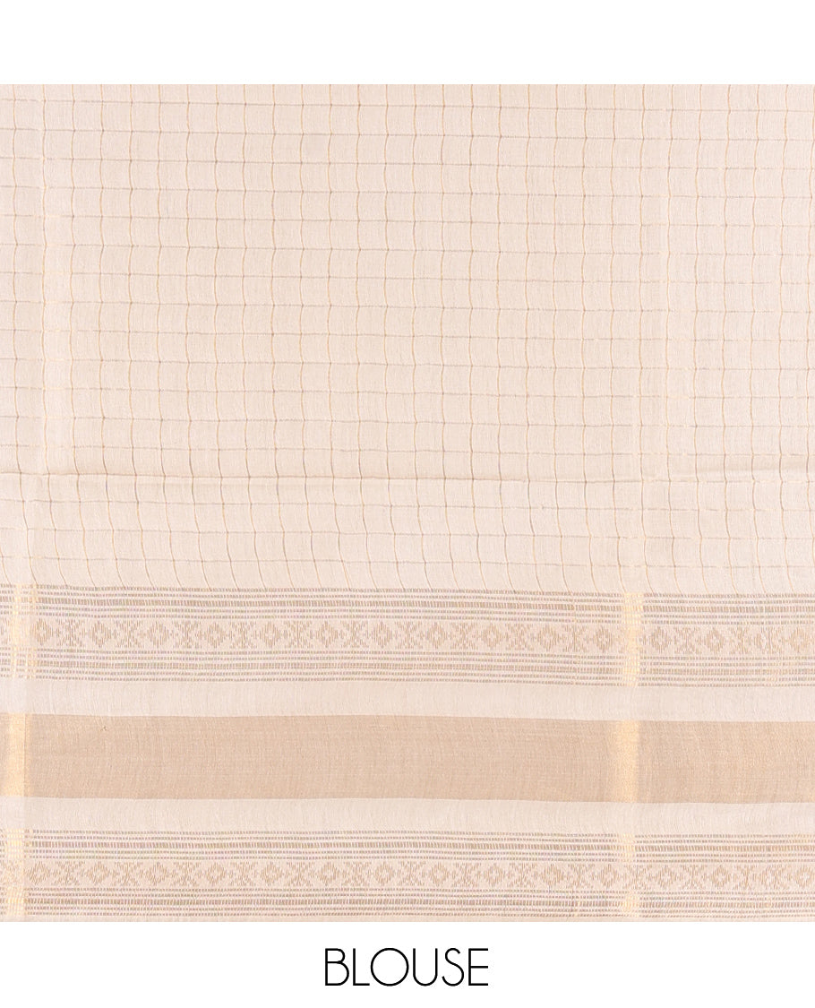 Cream Bhagalpuri Cotton Saree, Adorned with Butta Enclosed Checks, a Traditional Zari Border, and a Matching Blouse