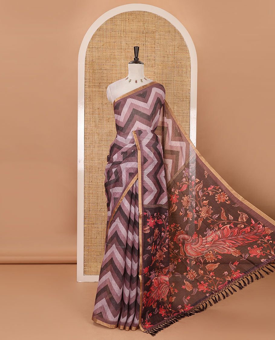 Onion pink zig-zag stripes printed linen cotton saree, piping zari border, kalamkari floral-peacock printed pallu & contrast printed blouse