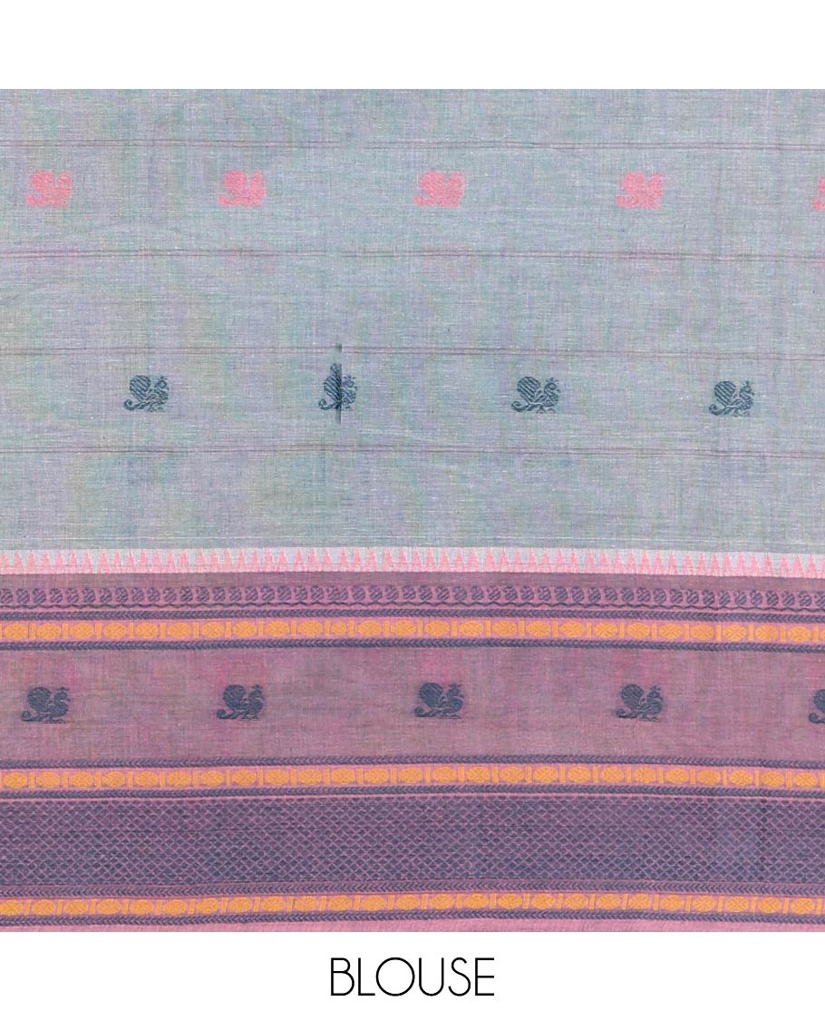 White Chettinad Cotton Saree, Finely Crafted with Resham Peacock Buttas Woven on Its Body, Complemented by Contrast Traditional Designs Thread Woven Border, Pallu of Stripes and Peacock Designs, and Paired with a Contrast Blouse