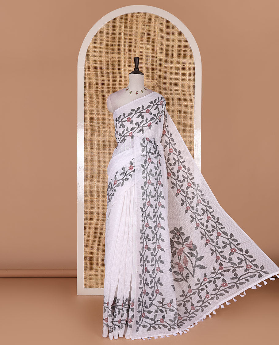 White jamdani style floral vine design semi-jute silk saree, floral vine printed border, pallu, and blouse of small buttas print