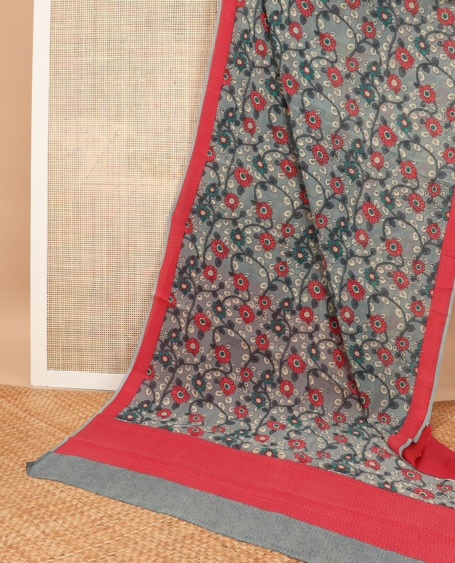Grey kalamkari-style floral vine printed semi banaras crepe saree, contrast border & pallu of geometric print
