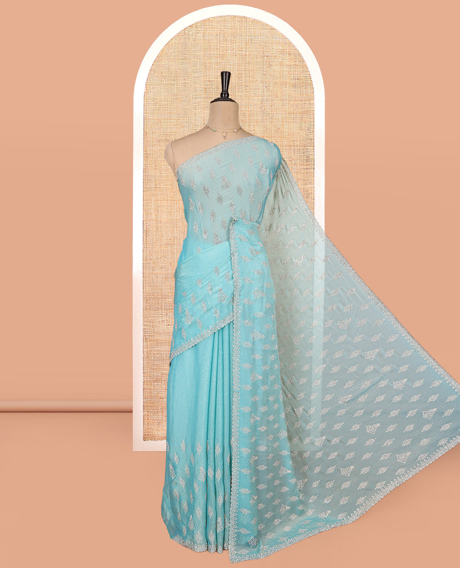 Blue Designer Saree, Finely Crafted with Stonework, a Scallop Stonework Border, and Matching Blouse