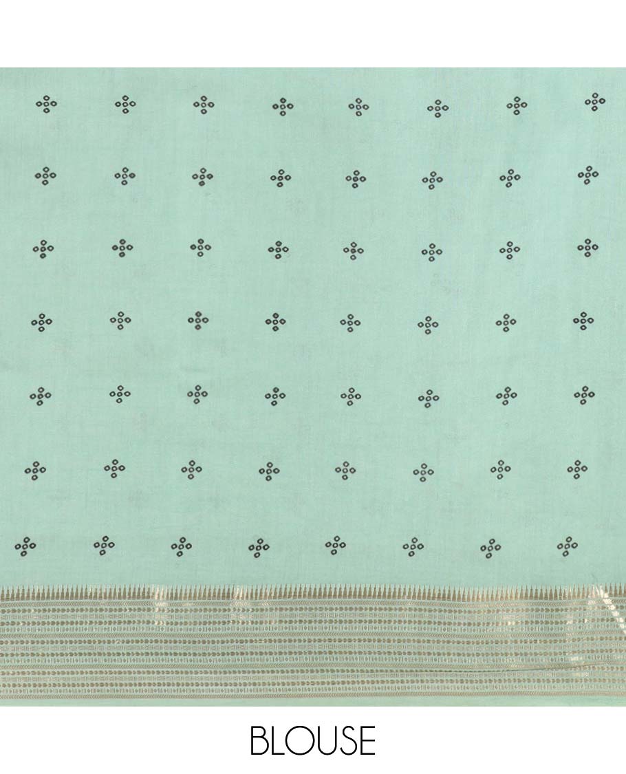 Pista green birds printed assam silk saree with zari striped border & chit pallu along with butta printed blouse
