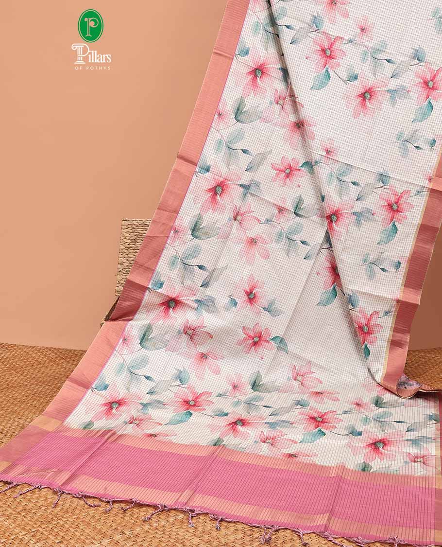 Pink zari checks semi tussar silk saree with digital floral print & short pallu along with digital small print design blouse
