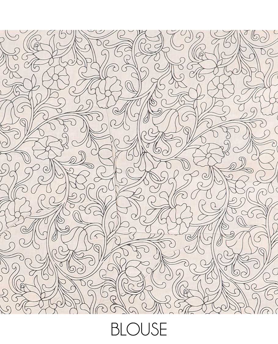Cream bird motifs machine-printed kalamkari cotton saree, contrast peacock border & pallu of elephant motifs