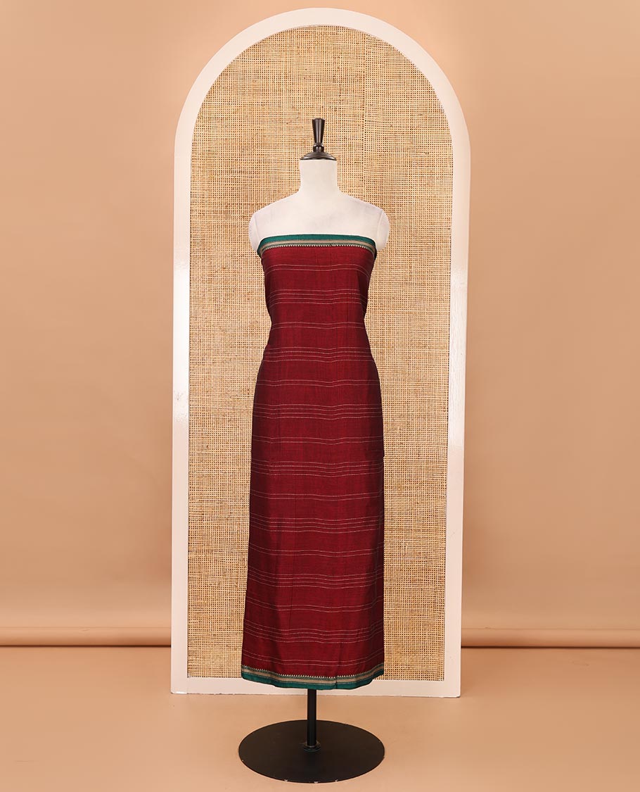 Maroon mercerized cotton material chudidar set,vertical striped contrast border top, matching threadwork bottom & traditional border matching dupatta