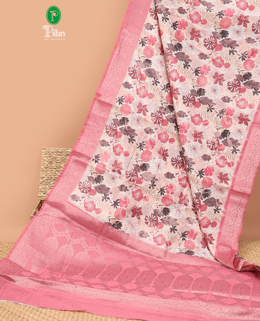 Cream with pink allover digital floral print with copper zari weaving design semi dupion silk saree , contrast zari jacqaurd border & contrast weaving rich pallu , small digital floral print blouse