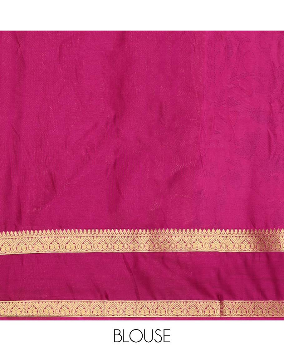 Pink madhubani-style floral vine semi-banaras printed saree, contrast traditional design border & striped pallu