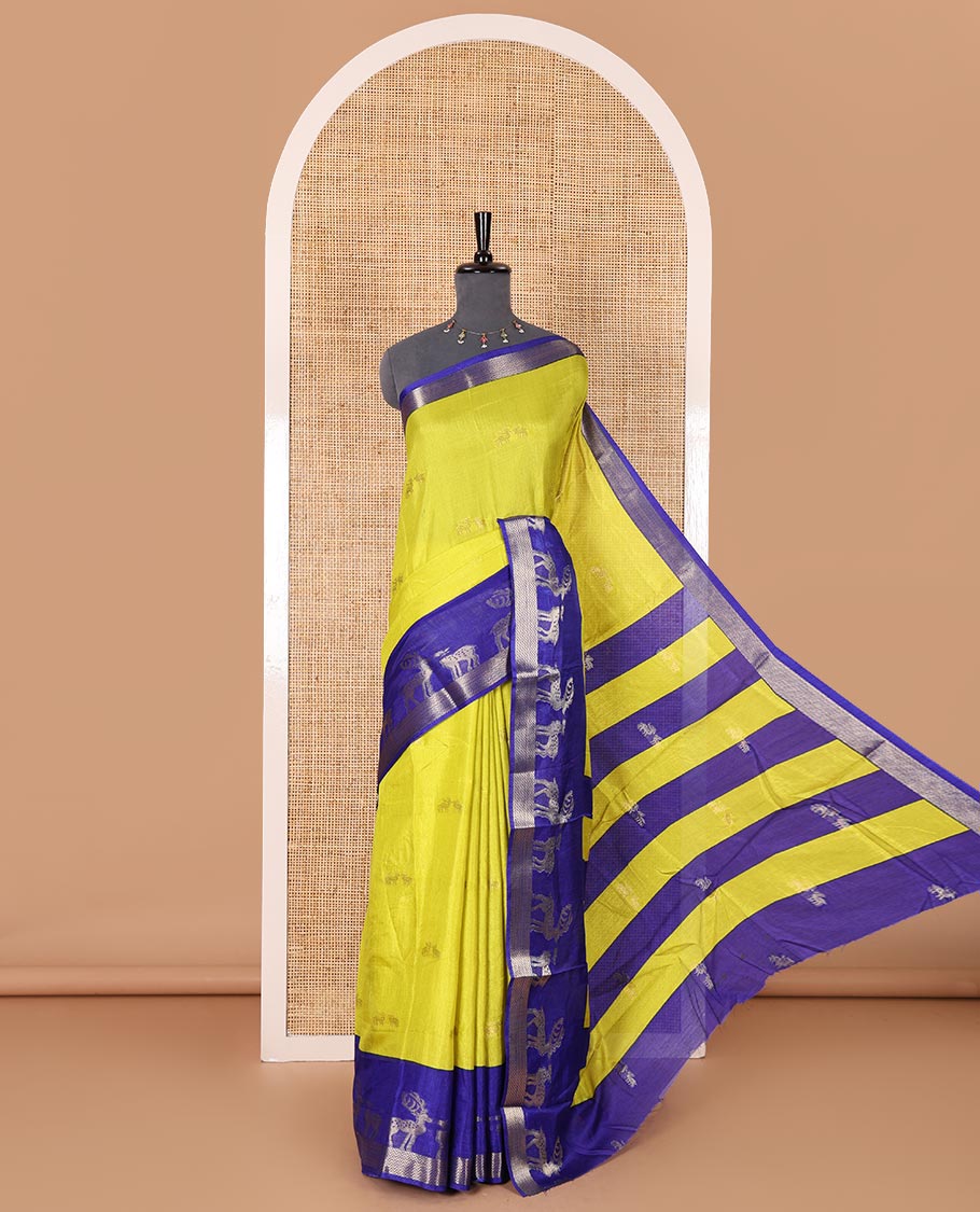 Lime yellow deer copper zari buttas dola silk saree, contrast chevron and deer motifs zari border, deer motifs pallu, and contrast deer motifs blouse