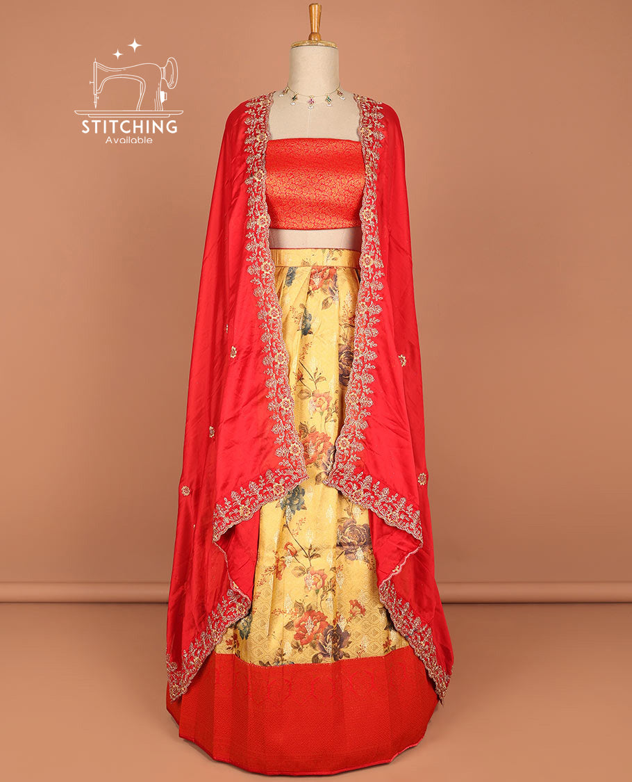 Yellow floral vine design half saree with contrast zari design border, zari design blouse & floral embroidery scallop border dhavani