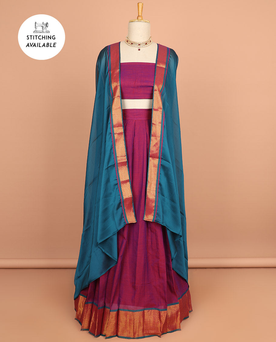 Pink cotton half saree with contrast traditional border , plain blouse & plain dhavani with zari design border