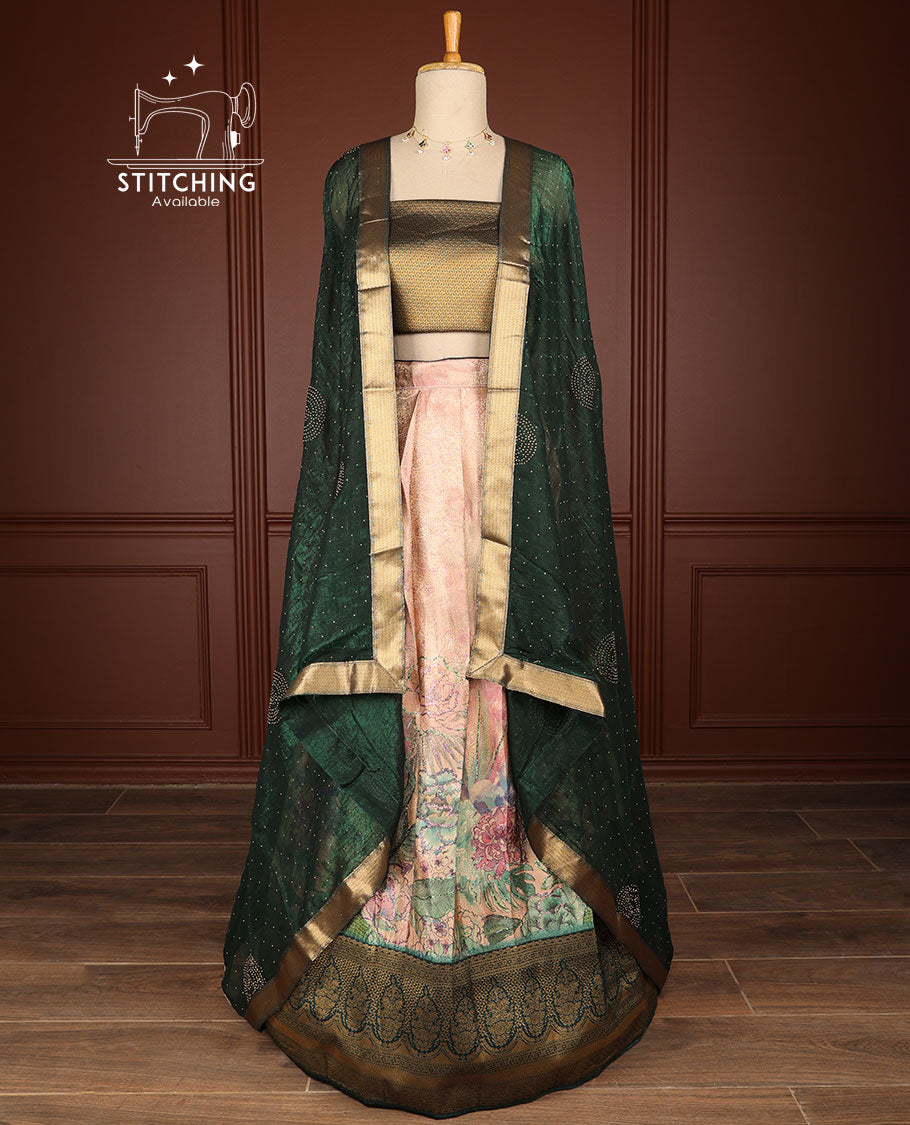 Baby pink floral design half saree with contrast zari design border, floral design blouse & intricate floral design dhavani