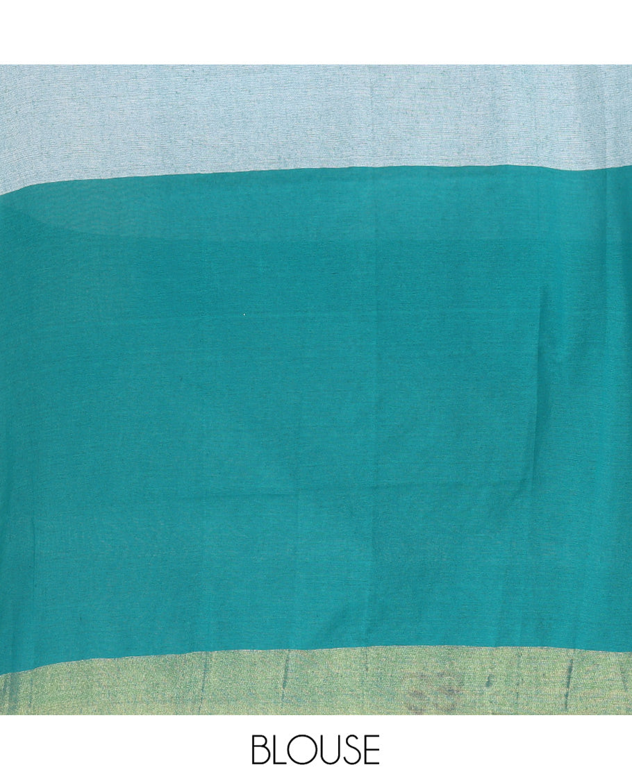 Peacock Green Khadi Mul Cotton Saree, Adorned with Half-And-Half-Style Double-Colour Dyed on Its Body, a Subtle Zari Border, Striped Pallu, and Paired with a Matching Blouse