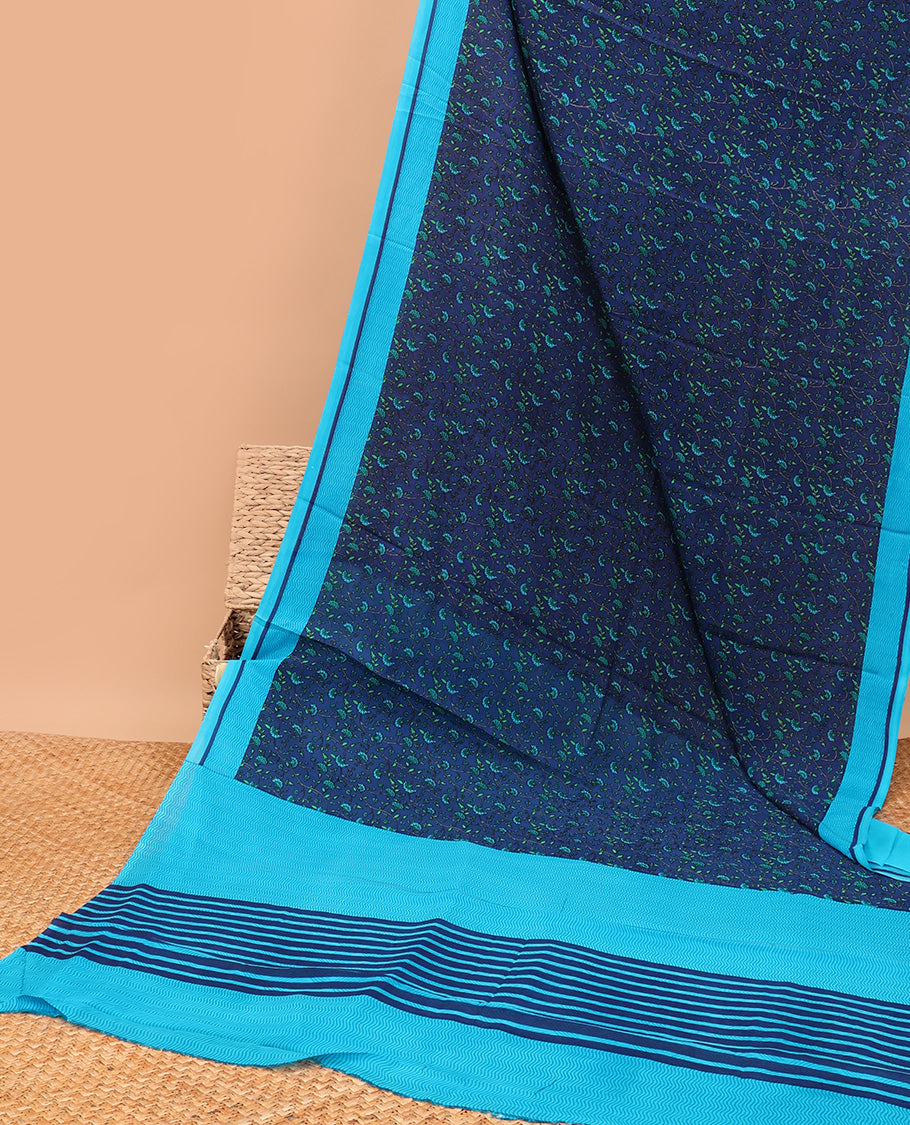 Blue floral vine printed semi banaras crepe saree, contrast chevron striped border & pallu of stripes