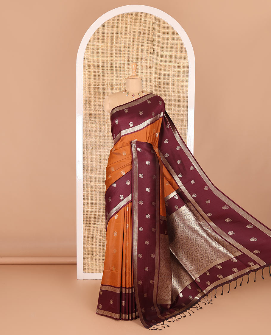 Rust zari buttas soft silk saree, contrast zari border of intricate designs, zari-rich jaal pallu, and a contrast zari design blouse