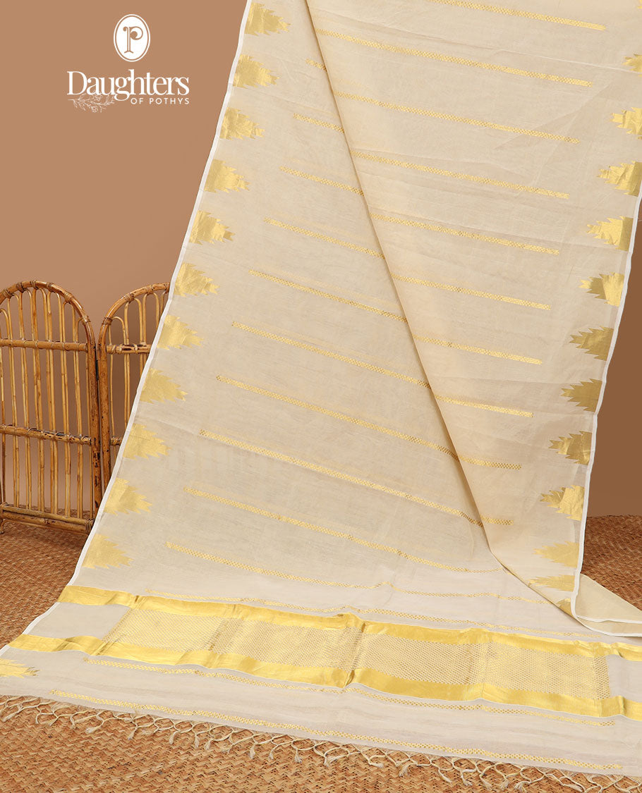 Cream striped kasavu saree with self temple border & gold zari striped pallu