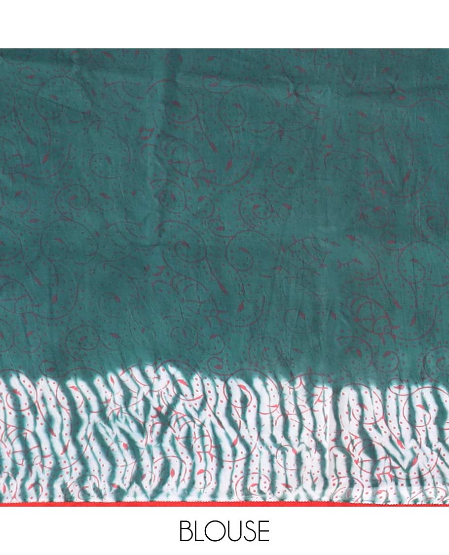 Dark green floral design mul mul cotton saree with contrast shibori style border & shibori style, floral design pallu