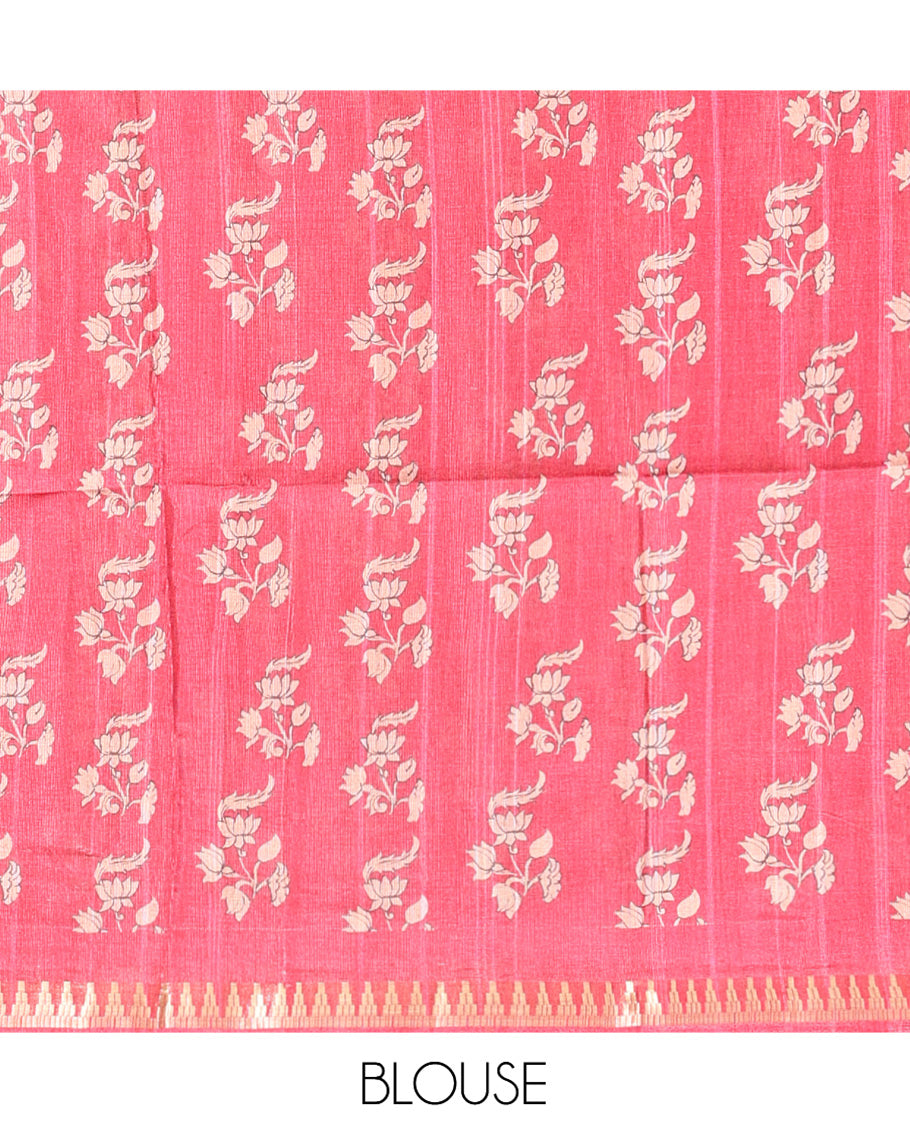 Orange Semi-Tussar Silk Saree, Artfully Detailed with Kalamkari-Style Human Motifs Printed on Its Body, Complemented by a Contrast Temple Zari Border, Creatively Kalamkari Printed Pallu, and Paired with a Contrast Blouse