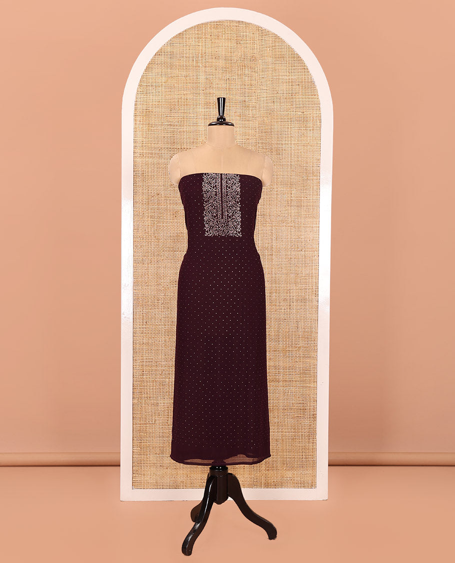 Maroon Material Churidar Set, Spotlighted with Micro-Stone Work on Fox Georgette Top, Comes with a Plain Santoon Bottom, and Is Paired with a Fox Georgette Micro-Stone Work Dupatta