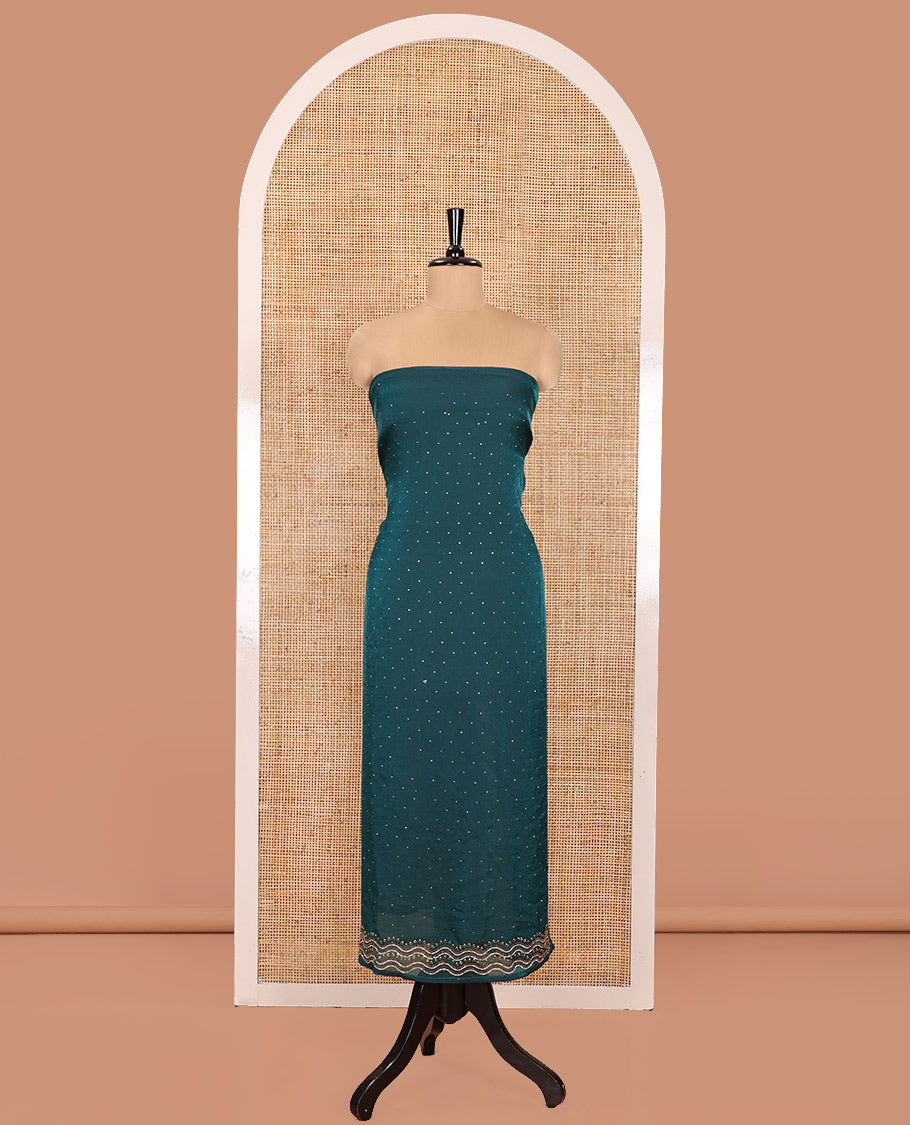 Peacock Green Material Churidar Set, Adorned with Swarovski Stone Work Nc Moss Organza Top, Comes with a Plain Santoon Bottom, and Floral Printed Nc Moss Organza Dupatta