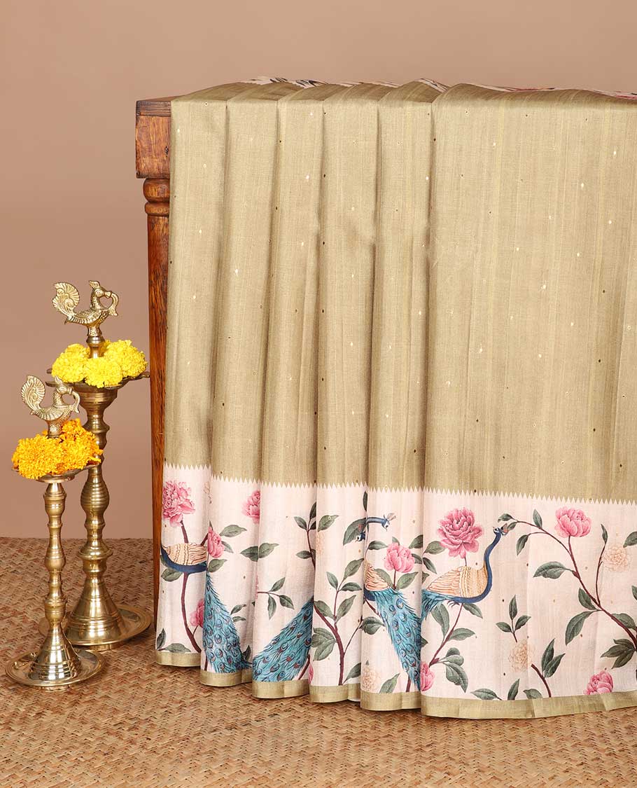 Mustard zari butta fancy tussar saree with peacock digital floral design border & digital print pallu along with floral print blouse