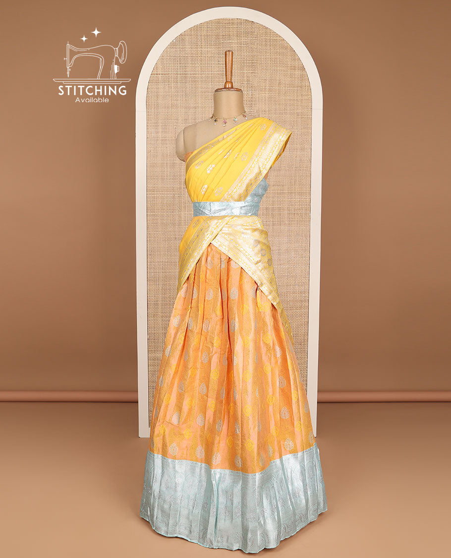 Orange floral design half saree with contrast zari design border , zari design blouse & floral zari design dhavani