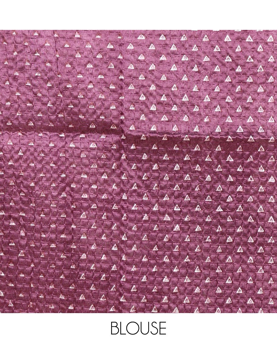 Lavender batik-style warli printed Litch crushed saree, batik chevron border, floral-geometric printed pallu & triangle motif blouse