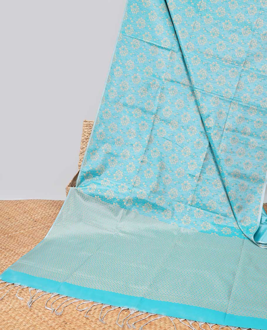 Borderless blue floral design kora cotton saree with intricate zari design pallu