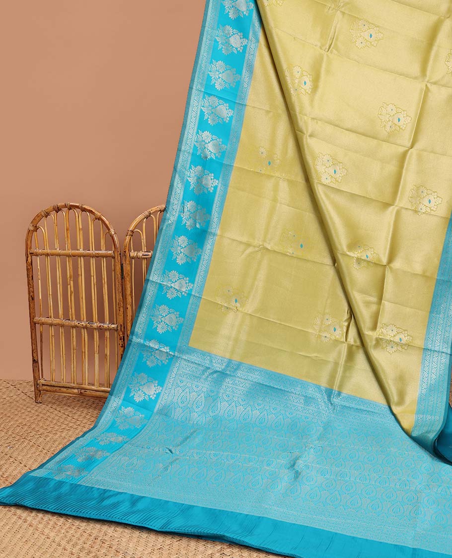Sandal floral litchi silk saree with contrast floral zari design border & jaal design pallu