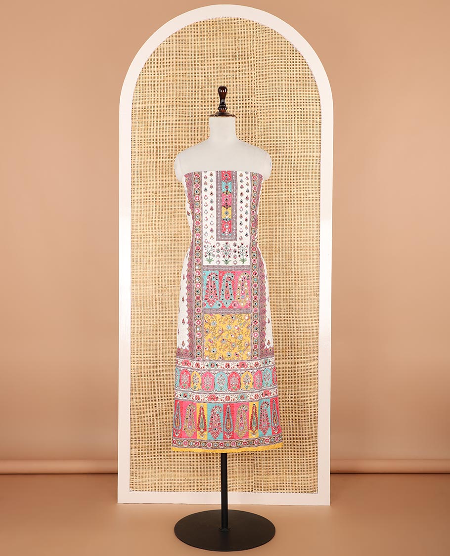 Cream with multi-color chikankari , butta design, mirror work cotton chudidhar material top with cotton pant & chikankari embroidery dupatta