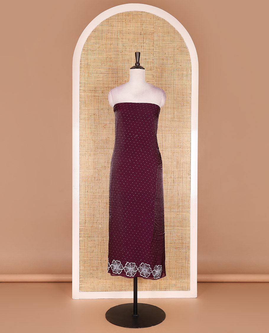 Purple velvet organza material chudidar set, micro stone embedded with floral micro-stone embroidered top, Italian crepe bottom, and micro stone embroidered dupatta