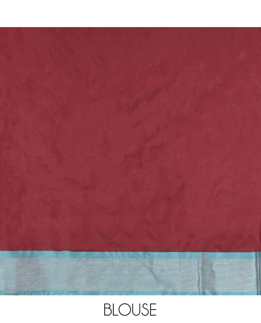 Maroon Aarani Gift Saree, Adorned with Plus-Shaped Buttas on Its Body, Complemented by a Contrast Striped Border, Subtle Striped Pallu, and Paired with a Matching Blouse