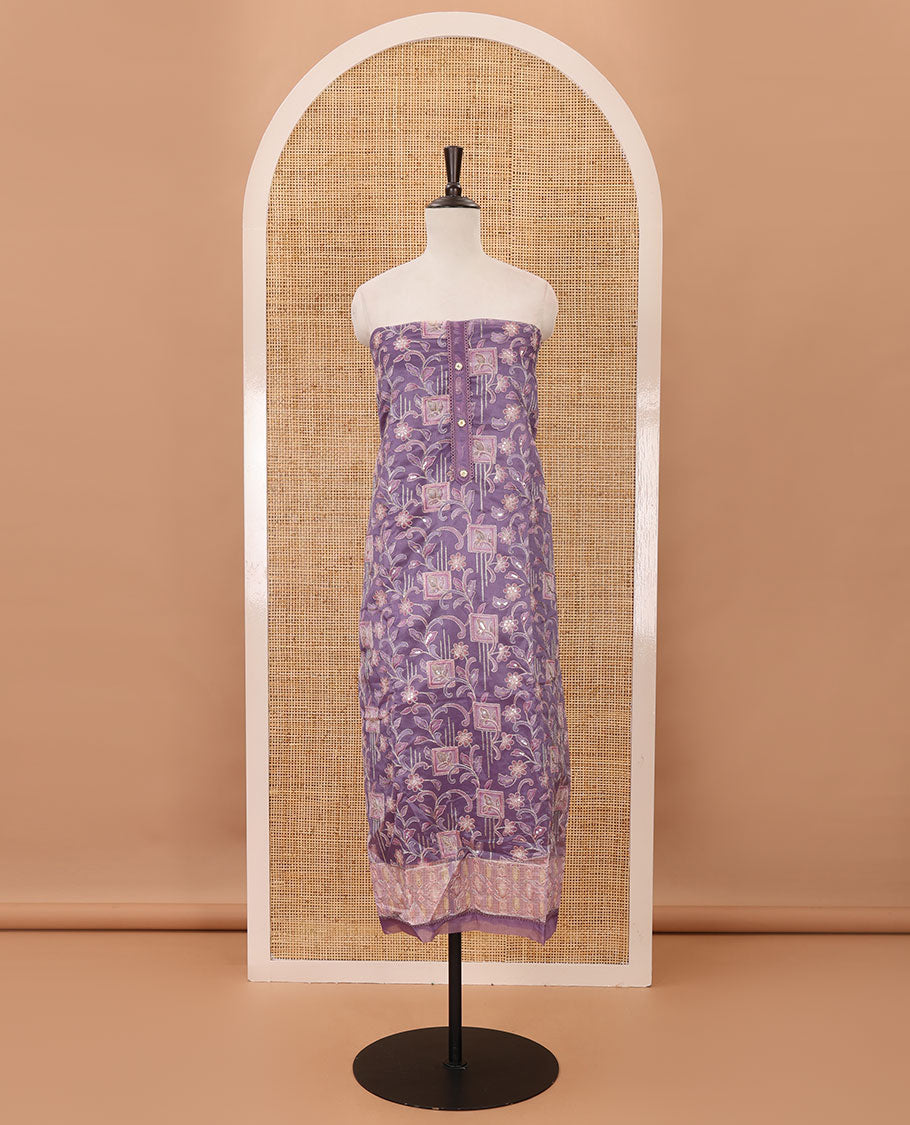 Lavender material chudidar set,floral-geometric print & outline embroidery organza top,plain bottom & floral vine sequins embroidery dupatta
