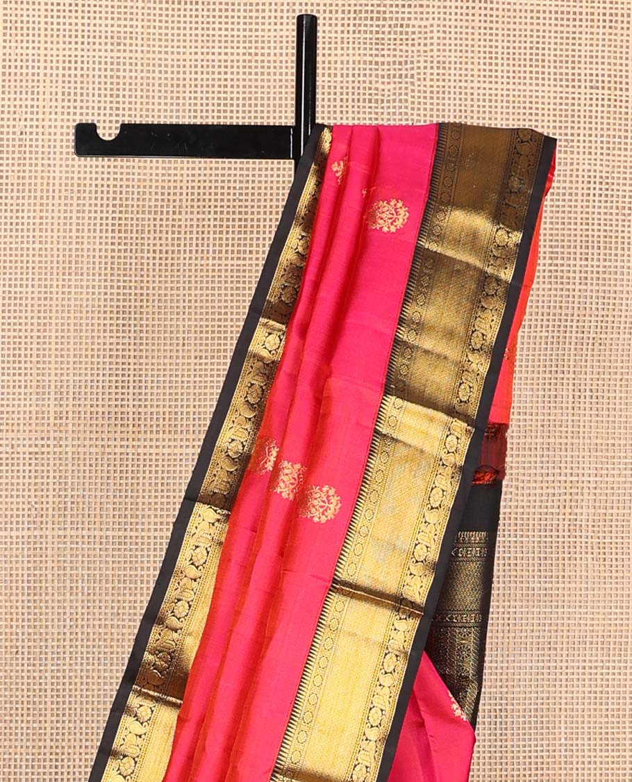 Pink zari buttas Kanchipuram korvai silk saree, contrast neer korvai border of rekku, muthu, laddu kamalam, neli, myil, and manga designs, and pallu of laddu kamalam designs