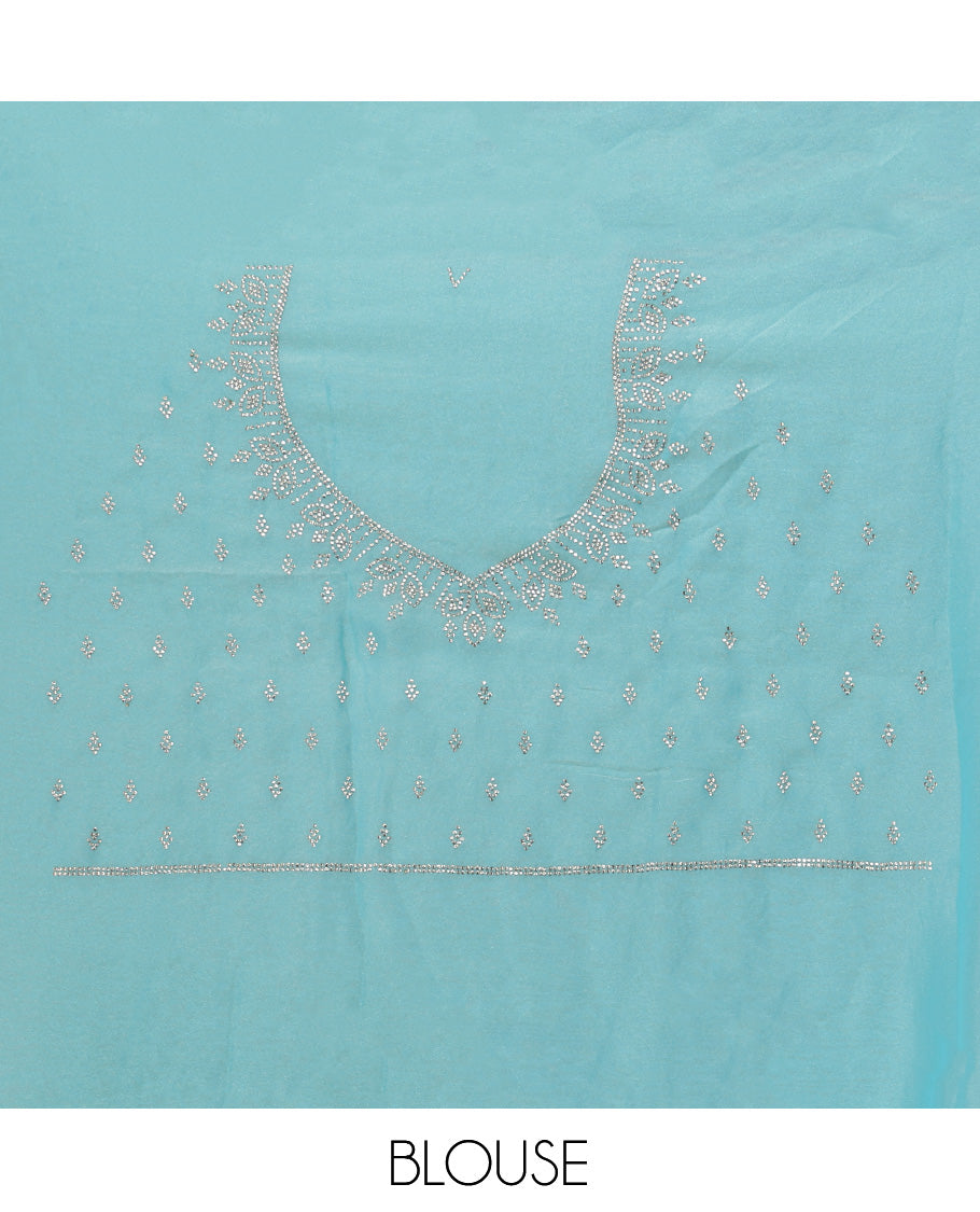 Blue Designer Saree, Finely Crafted with Stonework, a Scallop Stonework Border, and Matching Blouse