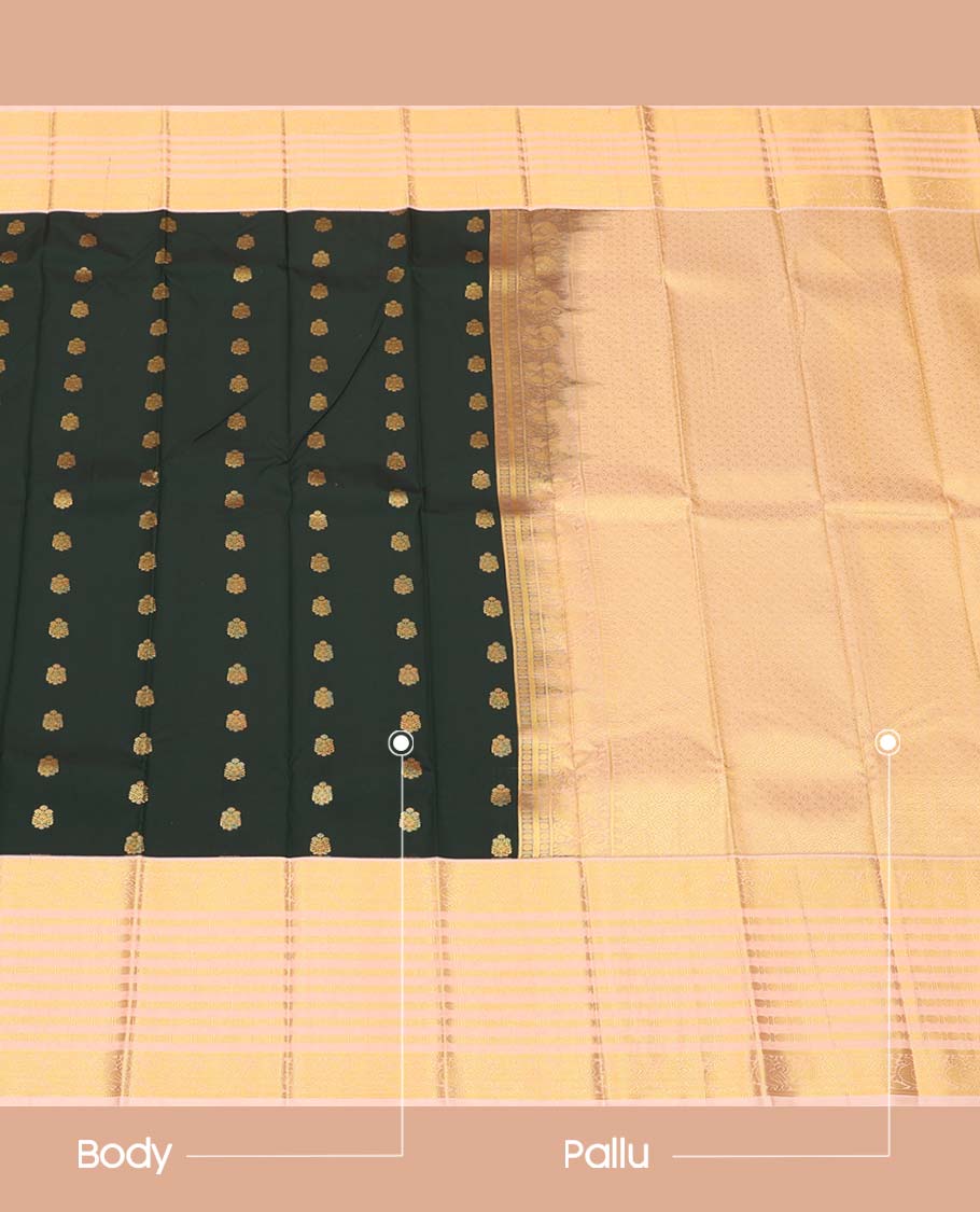 Green Budget Silk Saree, Enthralled with Zari Buttas All Over Its Body, Complemented by a Contrast Traditional Zari Design Border of Peacock Designs, Grand Jaal Pallu, and Paired with a Contrast Blouse