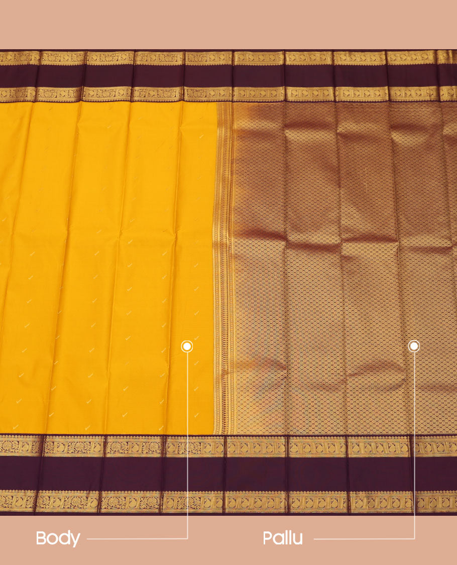 Yellow Budget Silk Saree, Sparsely Sparkled with Zari Buttas All Over Its Body, Complemented by a Contrast Traditional Zari Design Rettai Pettu Border, Grand Jaal Pallu, and Paired with a Contrast Blouse